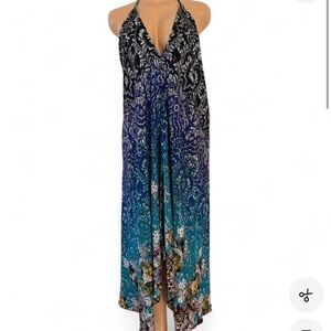 First Impressions Black Navy Teal Floral Halter Maxi Dress